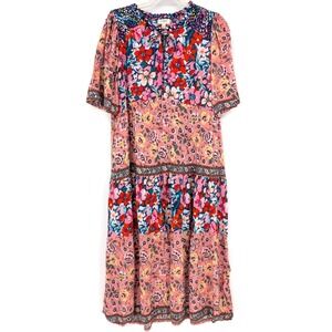 Umgee‎ Boho Cottage Floral Patchwork Tiered Ruffle Hem Prairie Midi Dress Medium